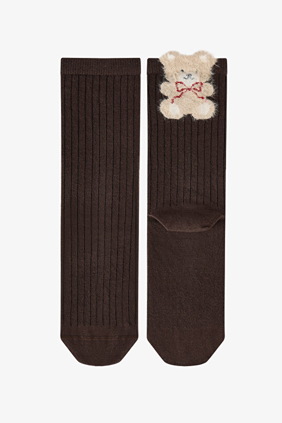 Black White Fluffy Ribbon Bear Cotton 2 Pack Ankle Socks - 3