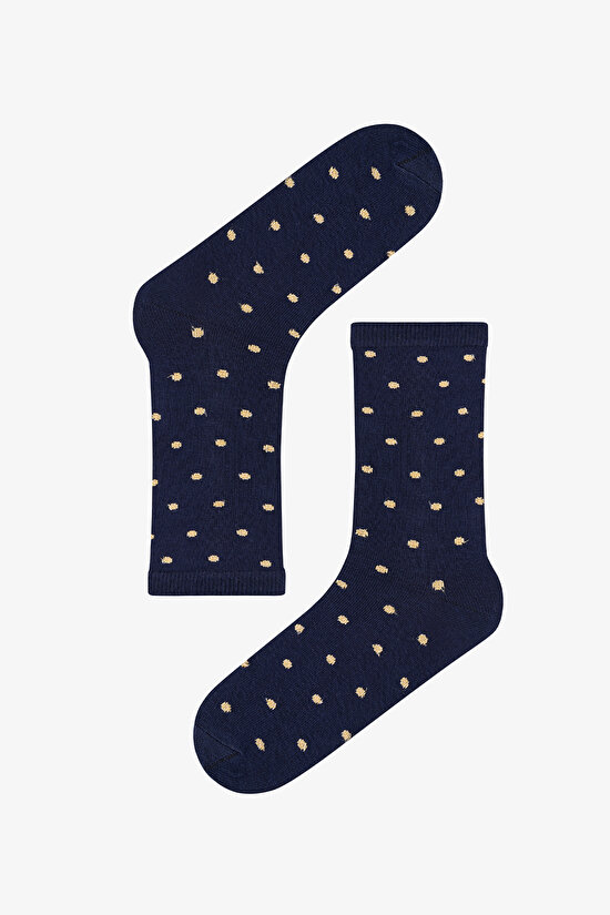 Lacivert Gri Melanj Gold Dotty Puantiye Desenli Pamuklu Simli 3 Çift Soket Çorap - 2