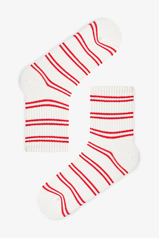 3 Çift Pamuklu Çizgi Desenli Soket Çorap - 4
