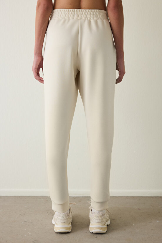 Beige Silky Feel Pocketed Tie Detailed Normal Waist Jogger Sweatpants - 3