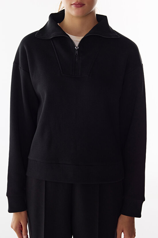 Black Half Zip Brushed Rib Long Sleeve Sweatshirt - 3