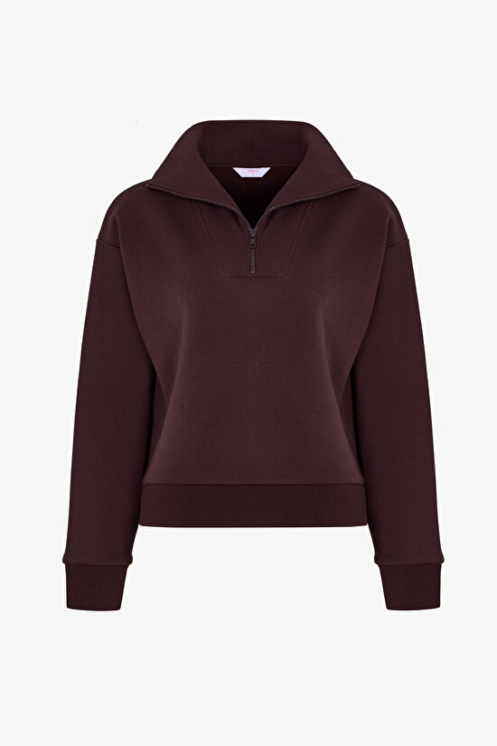 Koyu Bordo Yarım Fermuarlı Şardonlu Sweatshirt - 1