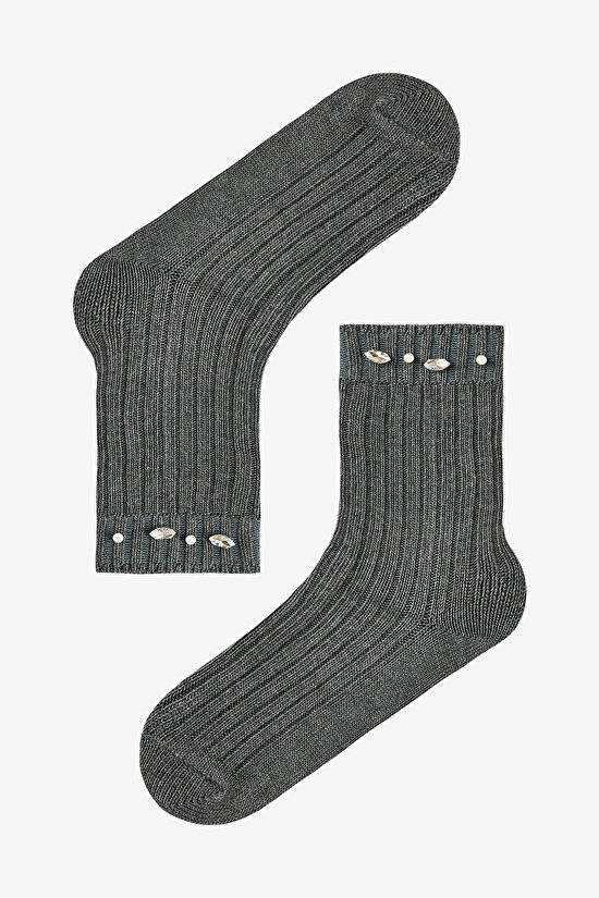 İnci ve Taş Detaylı Kalın Soket Çorap - 1