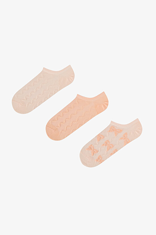 3 Çift Burun Dikişsiz Pamuklu Renkli Fiyonk Kabartma Desenli Sneaker Çorap - 1
