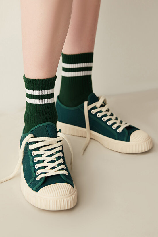 Cambridge Şerit Detaylı 2 li Yeşil Tenis Soket Çorap - Unique Koleksiyonu - 1