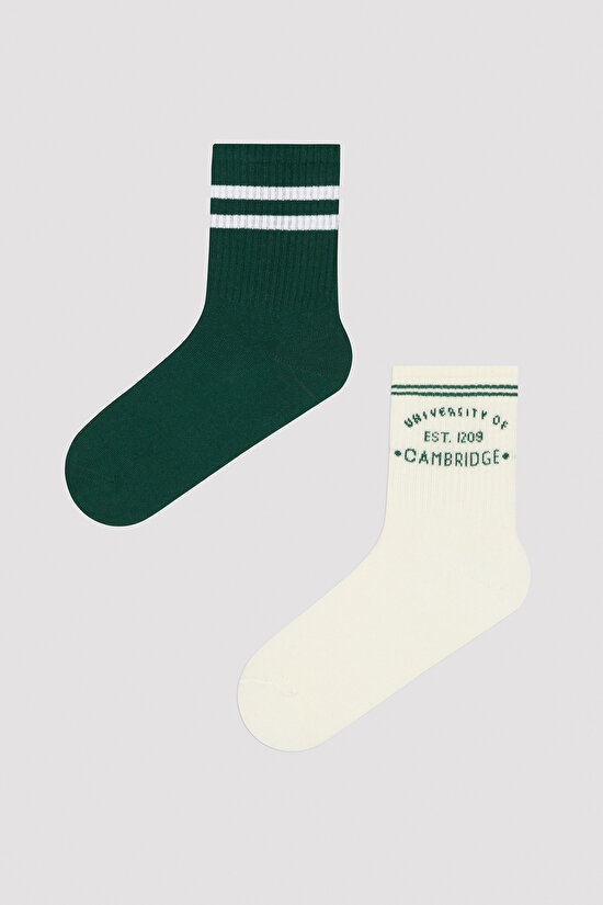 Cambridge Şerit Detaylı 2 li Yeşil Tenis Soket Çorap - Unique Koleksiyonu - 2