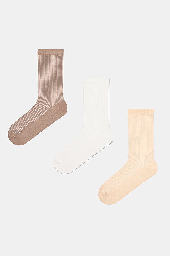 Basic Rib Kahverengi 3lü Soket Çorap - 1