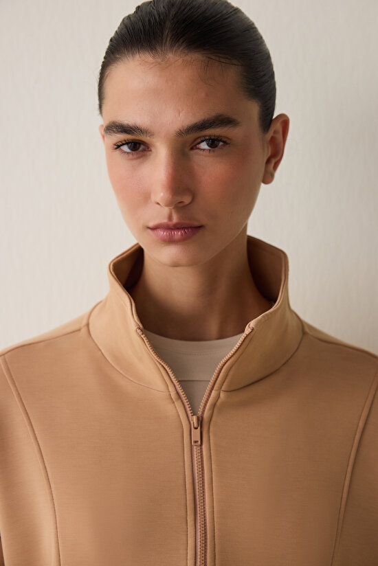 Light Brown Modal Zippered Collar Sweatshirt - 4