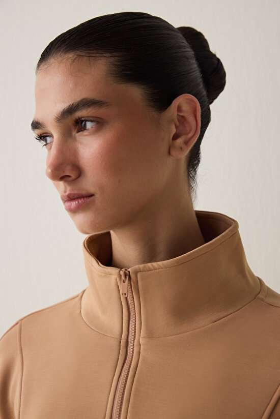 Light Brown Modal Zippered Collar Sweatshirt - 5