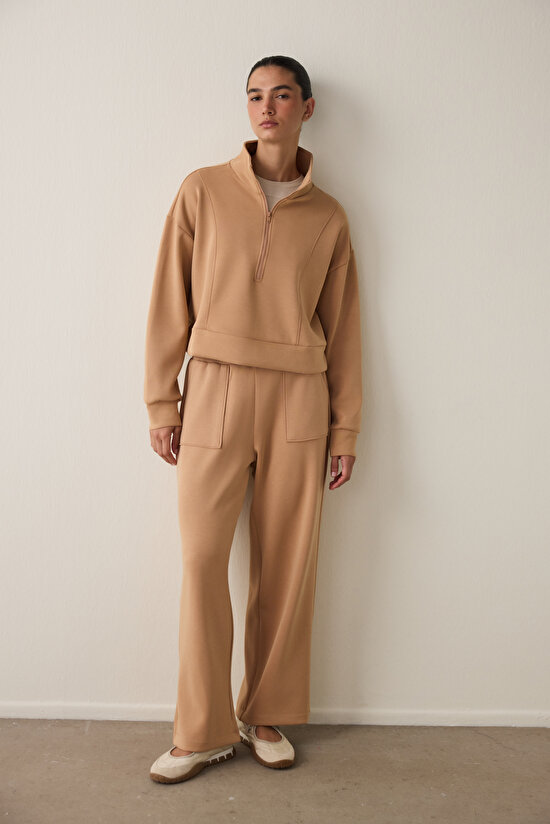 Light Brown Modal Zippered Collar Sweatshirt - 6