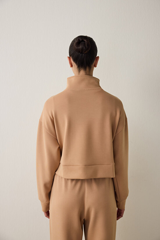 Light Brown Modal Zippered Collar Sweatshirt - 7