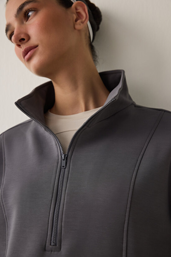 Gray Modal Zippered Collar Sweatshirt - 4