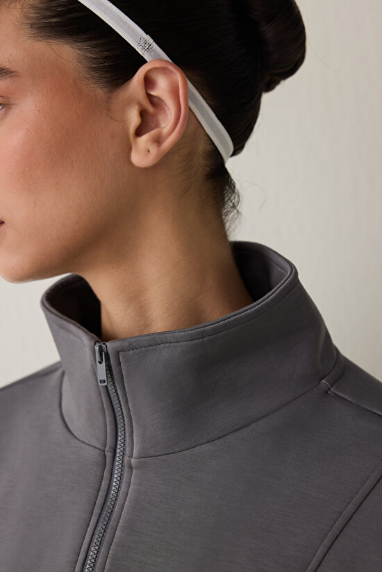 Gray Modal Zippered Collar Sweatshirt - 5