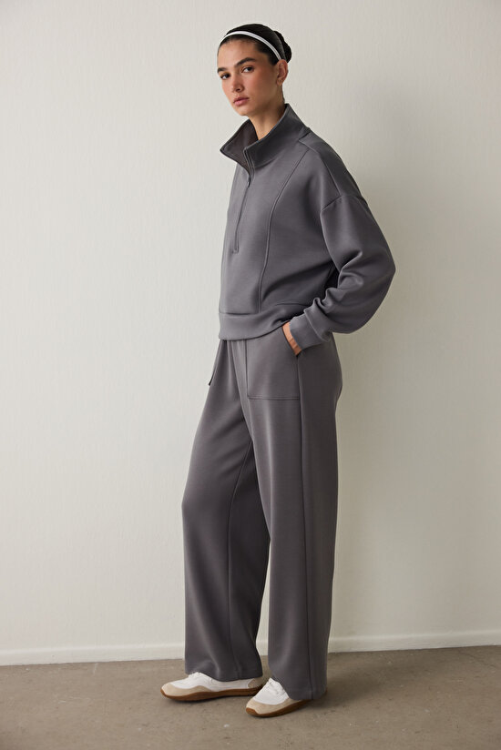 Gray Modal Zippered Collar Sweatshirt - 6