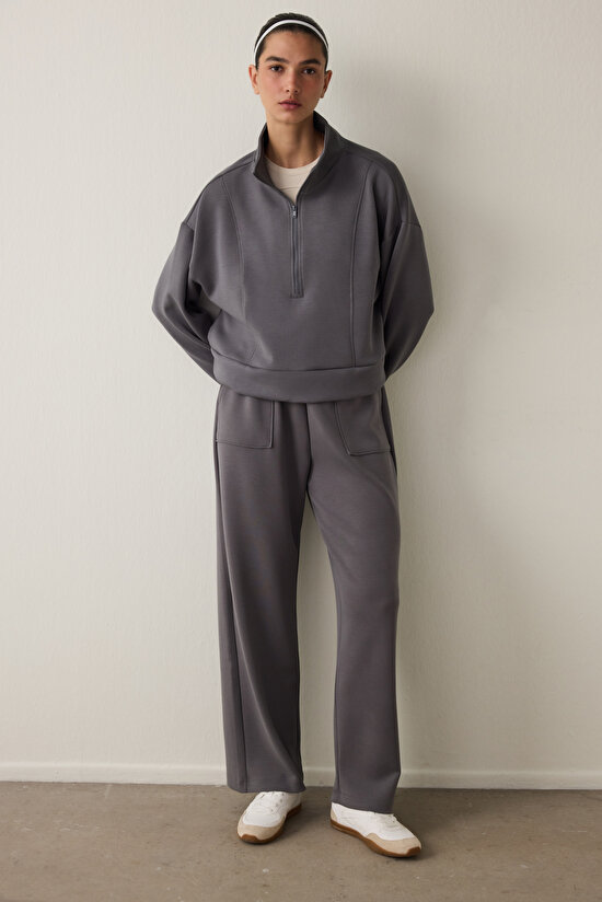 Gray Modal Zippered Collar Sweatshirt - 7