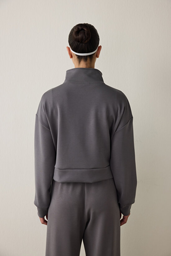 Gray Modal Zippered Collar Sweatshirt - 8