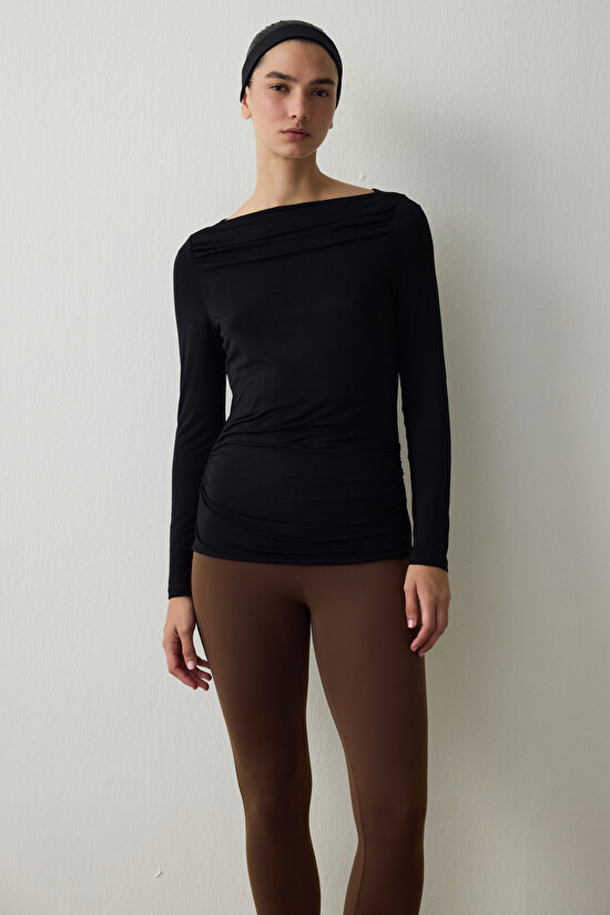Black Boat Neck Long Sleeve Top - 3