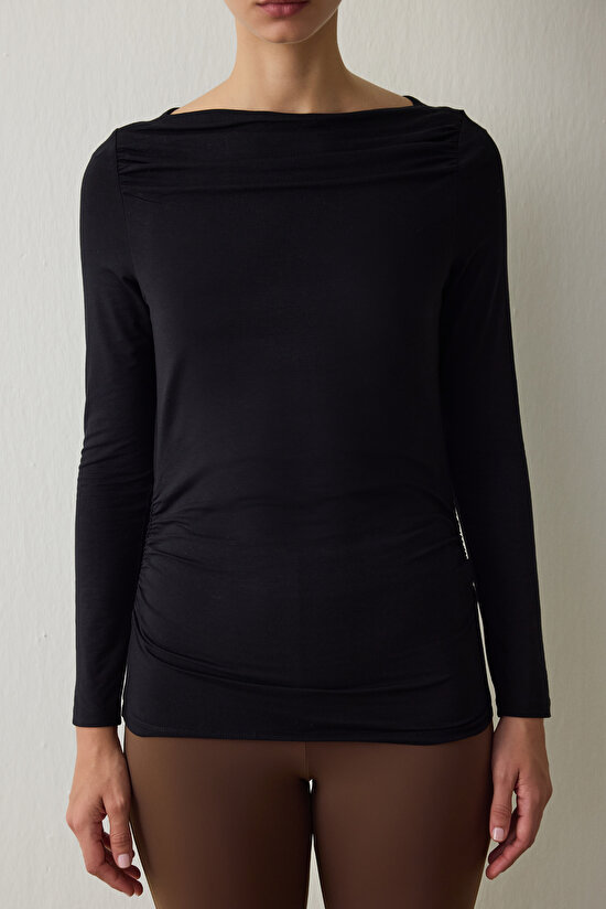 Black Boat Neck Long Sleeve Top - 4
