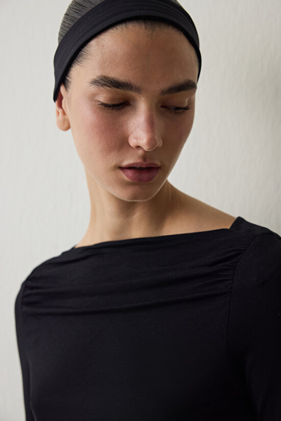 Black Boat Neck Long Sleeve Top - 5