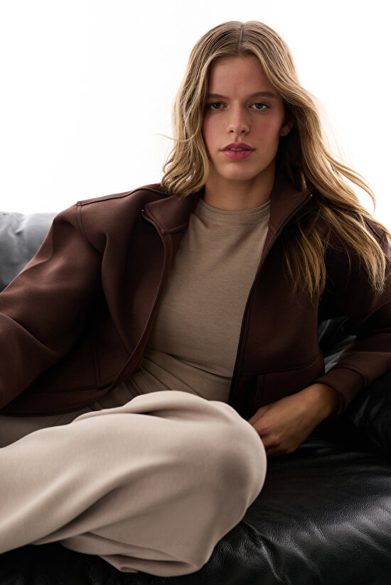 Taş Rengi Yüksek Bel Cepli Geniş Paça Pantolon - 5