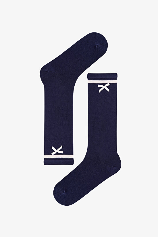 Navy Collage Bowtie Striped Cotton Footless Tights - 1