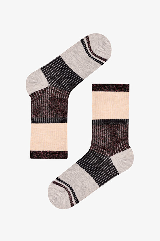 Black Beige Nostalgia Glitter Striped Cotton 3 Pack Ankle Socks - 3