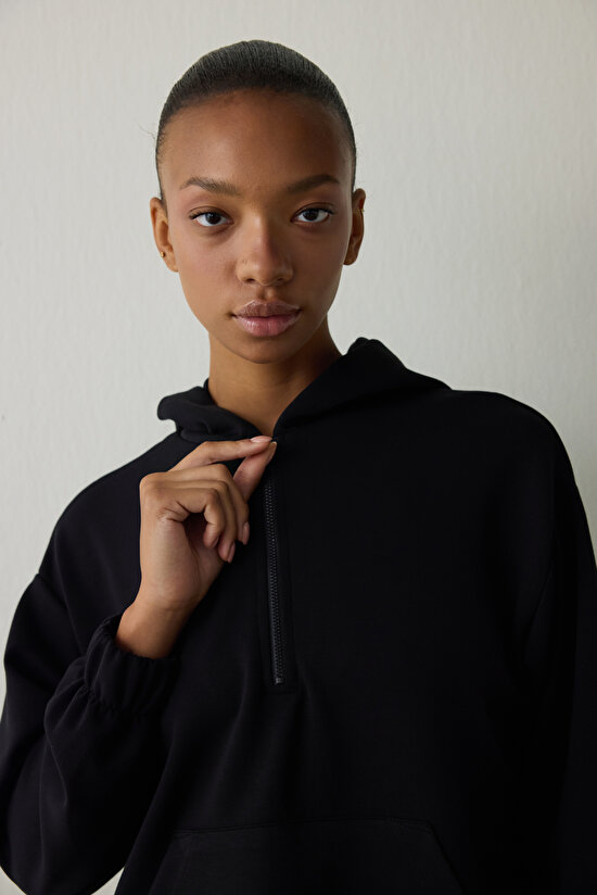 Black Silky Feel Hooded Oversize Zippered Sweatshirt - 3