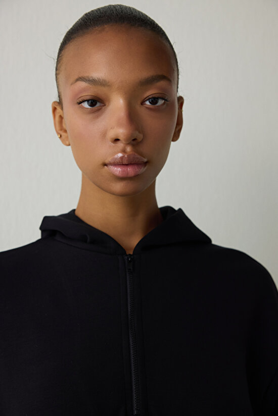 Black Silky Feel Hooded Oversize Zippered Sweatshirt - 4