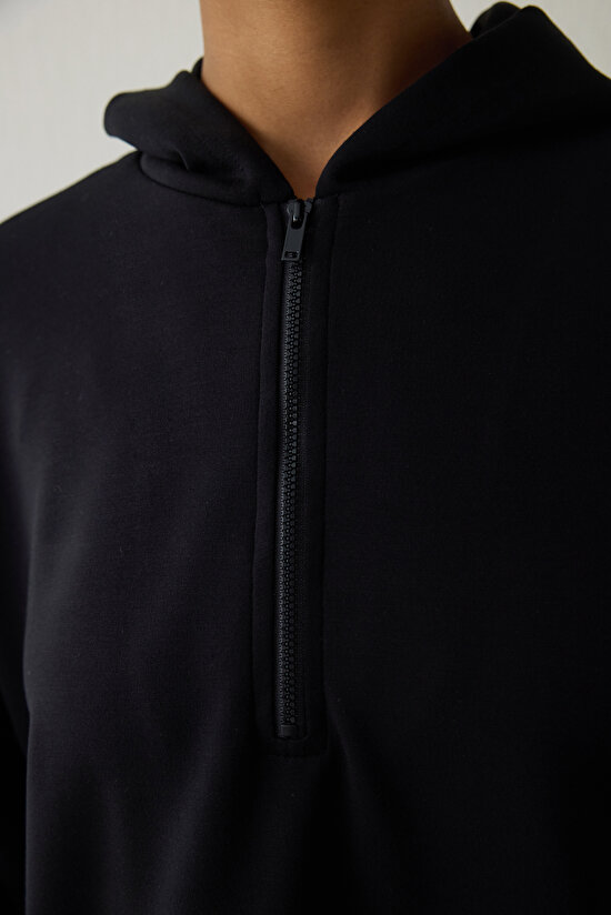 Black Silky Feel Hooded Oversize Zippered Sweatshirt - 5