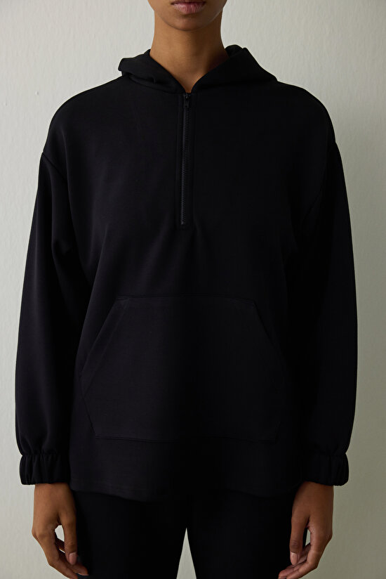 Black Silky Feel Hooded Oversize Zippered Sweatshirt - 6