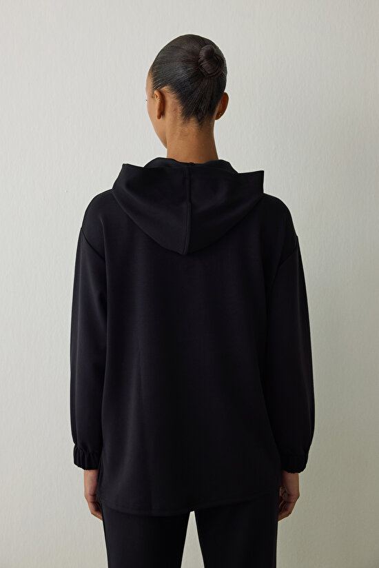 Black Silky Feel Hooded Oversize Zippered Sweatshirt - 8