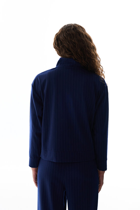 Lacivert Yarım Fermuarlı Çizgili Sweatshirt - 3