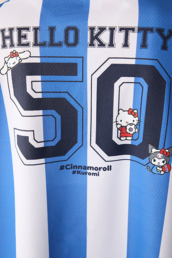 Mavi Çizgili Sanrio Baskı Oversize Futbol Tişört - 4