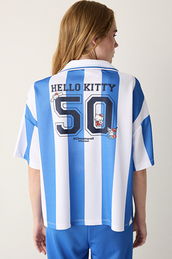 Mavi Çizgili Sanrio Baskı Oversize Futbol Tişört - 5