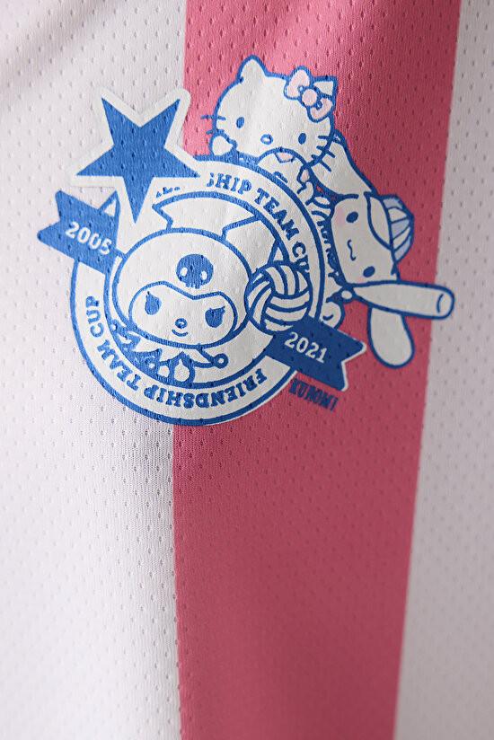 Pembe Çizgili Sanrio Baskı Oversize Futbol Tişört - 5