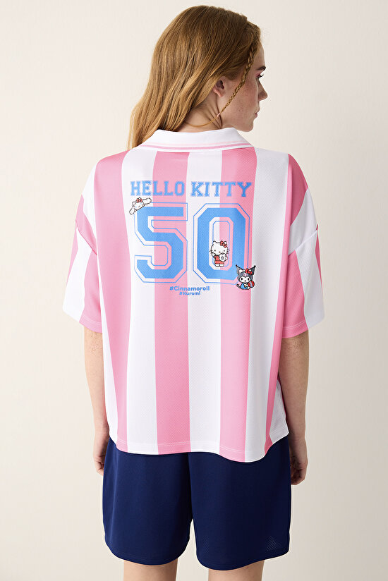 Pembe Çizgili Sanrio Baskı Oversize Futbol Tişört - 6