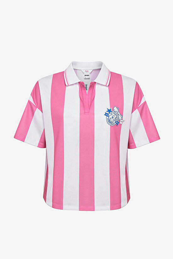 Pembe Çizgili Sanrio Baskı Oversize Futbol Tişört - 7