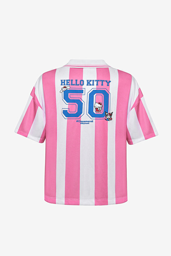 Pembe Çizgili Sanrio Baskı Oversize Futbol Tişört - 8