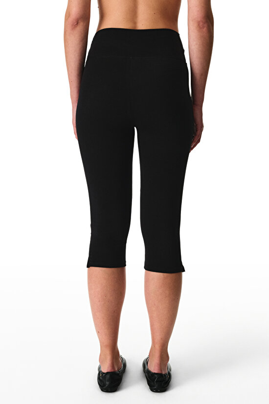 Siyah Beli Büzgülü Pamuklu Kapri Tayt - 2