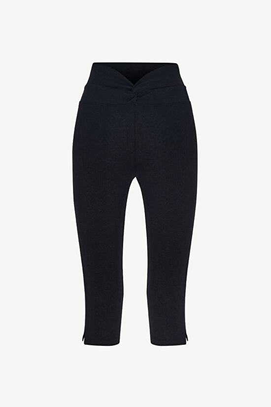 Black Drawstring Waist Cotton Capri Leggings - 4