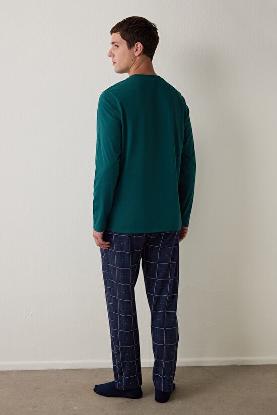 Yeşil Erkek Ski Ekoseli Bisiklet Yaka Pijama Takımı - 5