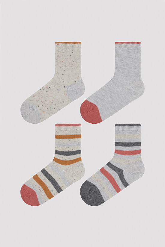 Kız Çocuk Pembe Gri Şeritli 4 lü Soket Çorap - 1
