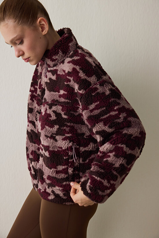 Bordo Termal Etkili Kamuflaj Desenli Fermuarlı Dik Yaka Ceket - 3