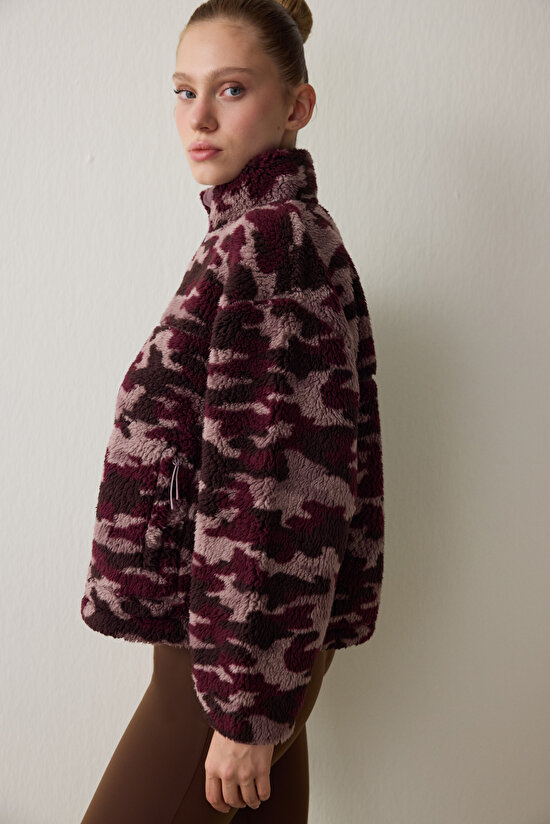 Bordo Termal Etkili Kamuflaj Desenli Fermuarlı Dik Yaka Ceket - 4