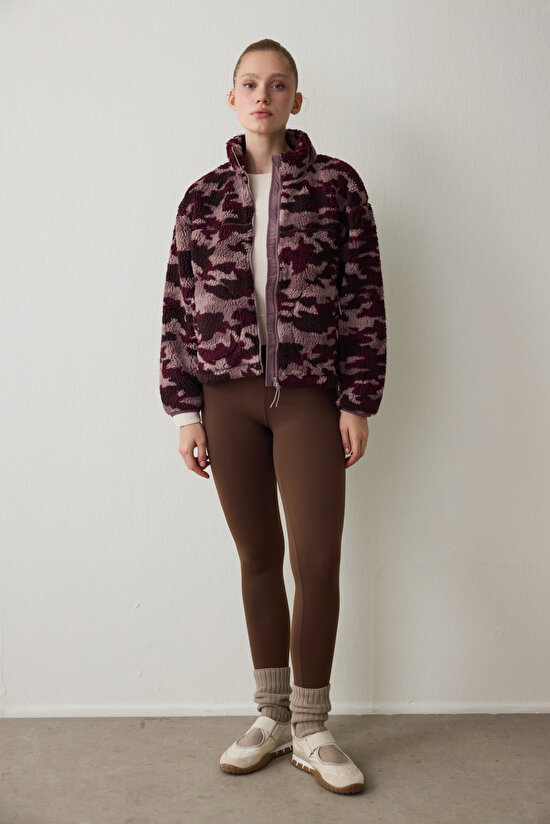 Bordo Termal Etkili Kamuflaj Desenli Fermuarlı Dik Yaka Ceket - 6