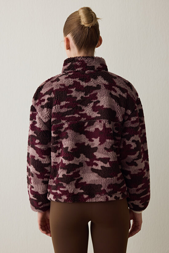 Bordo Termal Etkili Kamuflaj Desenli Fermuarlı Dik Yaka Ceket - 7