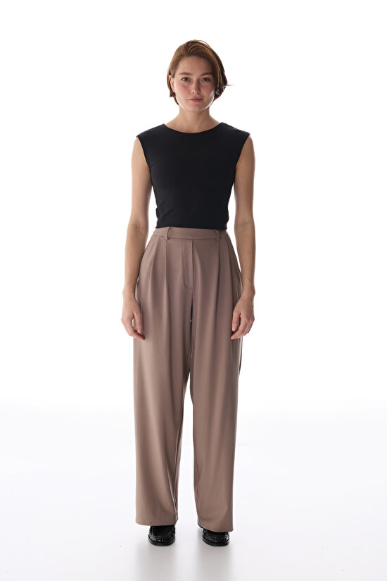 Gri Yüksek Bel Pileli Günlük Pantolon - 3