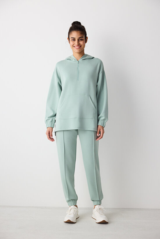 Açık Yeşil Fermuarlı Oversize Silky Touch Sweatshirt - 3