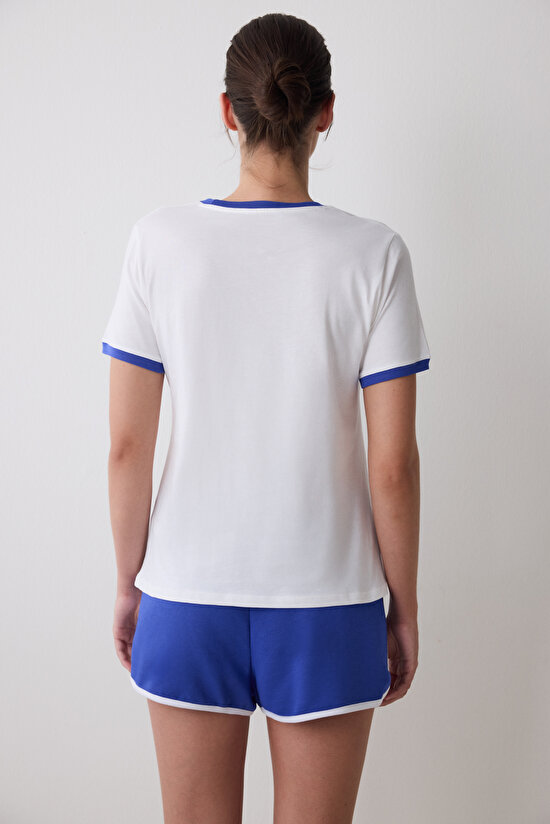 Retro Contrast Binded Kırık Beyaz Tişört - 5