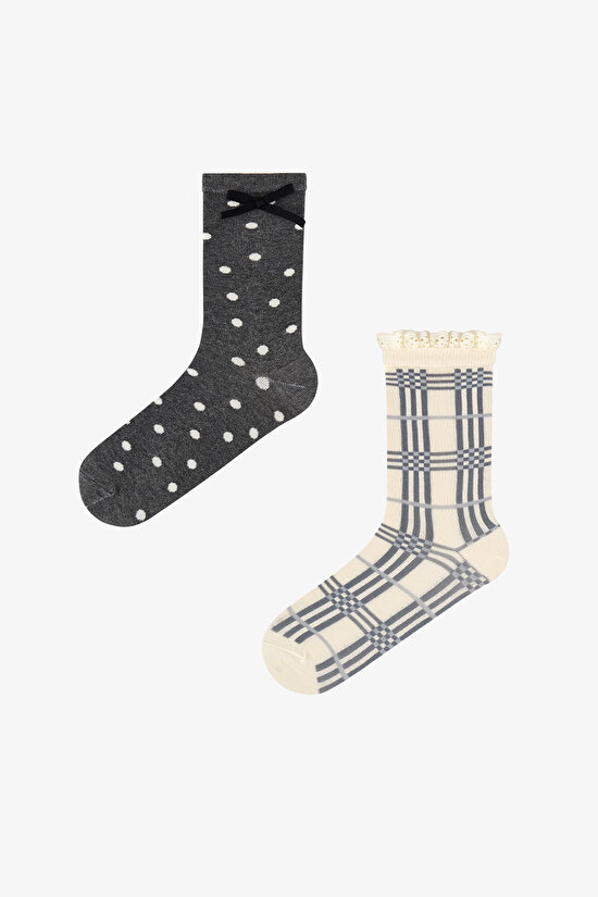 Plaid Lace Ekoseli Pamuklu 2 Çift Soket Çorap - 1